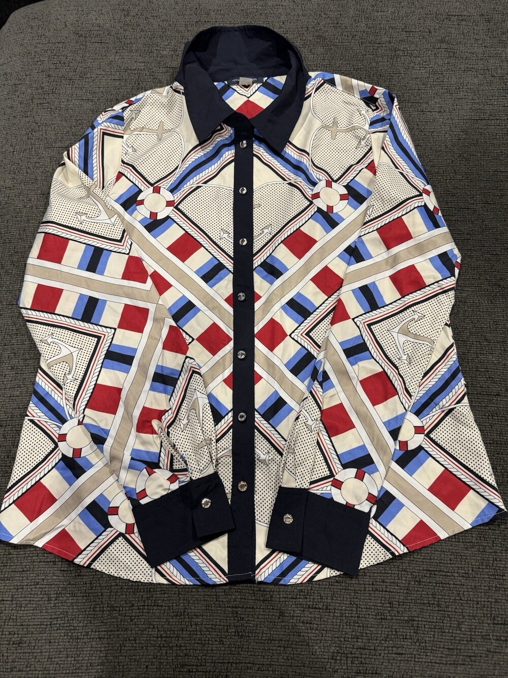Tommy Hilfiger Size M Nautical Blouse Long Sleeve with Silver Buttons